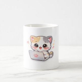 Süße Kawaii-Katze arbeitet an Laptop-Kaffeetasse - Kaffeetasse