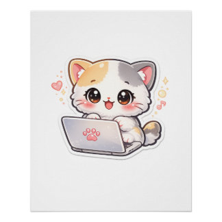 Süße Kawaii-Katze arbeitet an Laptop Poster | Lieb