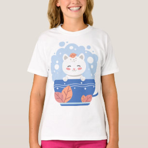 Süße Kawaii-Katze in einem blauen Teetassen Mädche T-Shirt