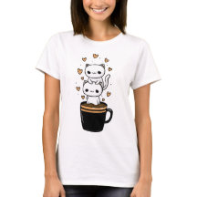 Süße Kawaii-Katze trinkt Kaffee-Mug-Hearts-T-Shirt