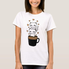 Süße Kawaii-Katze trinkt Kaffee-Mug-Hearts-T-Shirt T-Shirt