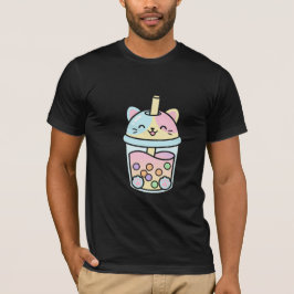 Süße Kawaii Katzen-Bubble-Tea-Tasse lächelnd Paste T-Shirt