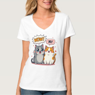 Süße Kawaii-Katzen-Comic-sagt-Wow-und-Hallo-V-Auss T-Shirt