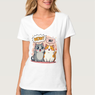 Süße Kawaii-Katzen-Comic-sagt-Wow-und-Hallo-V-Auss T-Shirt