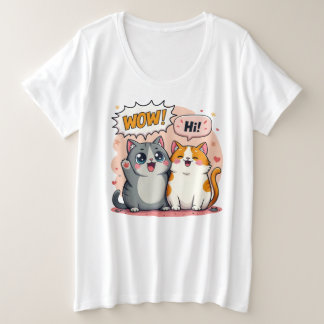 Süße Kawaii-Katzen-Comic sagt Wow und Hi Plus Size Große Größe T-Shirt