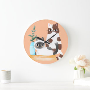 Süße Kawaii-Katzen-Duo-Illustration Gemütliche K Große Wanduhr