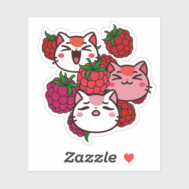 Süße Kawaii-Katzen mit Himbeeren Aufkleber (Blatt)