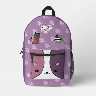 Süße Kawaii-Katzen-Rucksack mit lila Pfotenabdruck Bedruckter Rucksack