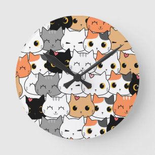 Süße Kawaii-Katzengesichter-Muster  Runde Wanduhr