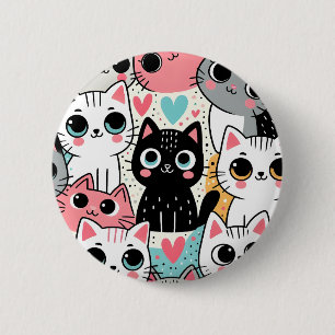 Süße Kawaii-Katzengesichter und Herzen Whimsical Button