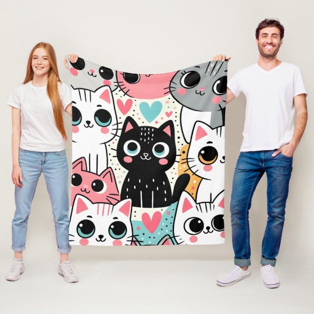 Süße Kawaii-Katzengesichter und Herzen Whimsical Fleecedecke (Beispiel)