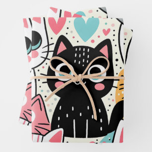Süße Kawaii-Katzengesichter und Herzen Whimsical Geschenkpapier Set