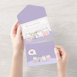 Süße Kawaii-Katzenschurken-Gruß-Cartoon-Doodle All In One Einladung