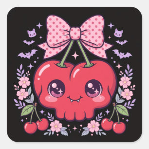 Süße Kawaii Kirsch-Schädel-Aufkleber Spuky Coque Quadratischer Aufkleber