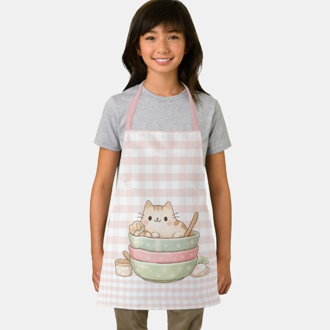 Süße Kawaii-Kitty-Katze backt Pastell-Gingham-Rosa Schürze (Insitu)