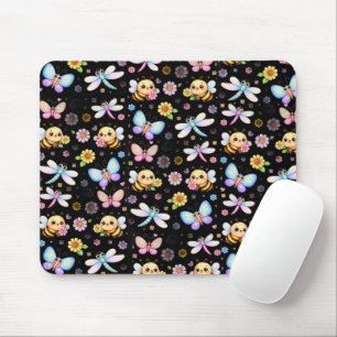 Süße Kawaii-Kunst mit Bienen, Libellen und Schmett Mousepad