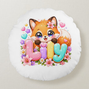 Süße Kawaii Lily Fox Name Pastell Rosa Floral Wood Rundes Kissen