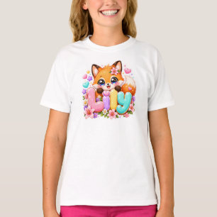 Süße Kawaii Lily Fox Name Pastell Rosa Floral Wood T-Shirt