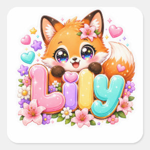 Süße Kawaii Lily Fuchs Name Pastell Rosa Floral Wo Quadratischer Aufkleber