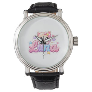 Süße Kawaii Luna Katzen Name Pastell Rosa Funkelnd Armbanduhr