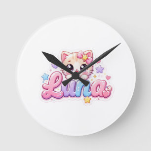 Süße Kawaii Luna Katzen Name Pastell Rosa Funkelnd Runde Wanduhr