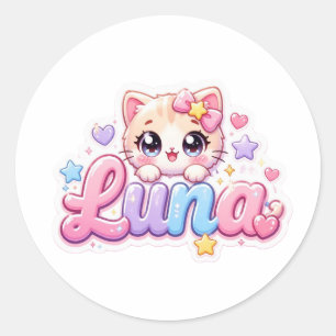 Süße Kawaii Luna Katzen Name Pastell Rosa Funkelnd Runder Aufkleber