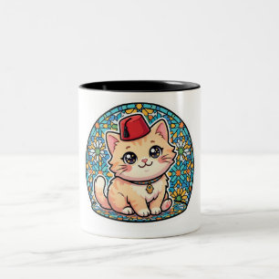 Süße Kawaii-Marokkanische Katze mit rotem Tarboush Zweifarbige Tasse