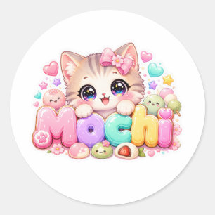 Süße Kawaii Mochi-Katze Name Pastellrosa Funkelnd Runder Aufkleber