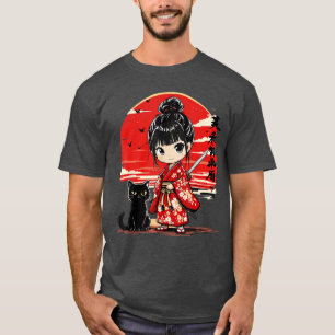 Süße Kawaii-Samurai-Girl und Katze japanischer Ani T-Shirt