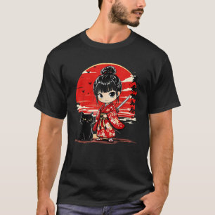 Süße Kawaii-Samurai-Girl und Katze japanischer Ani T-Shirt