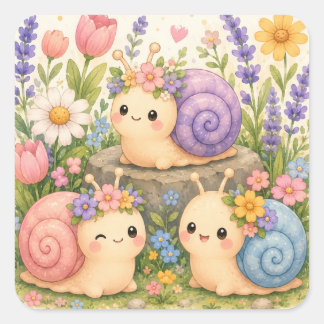 Süße kawaii Schnecken mit Blumen Quadratischer Aufkleber