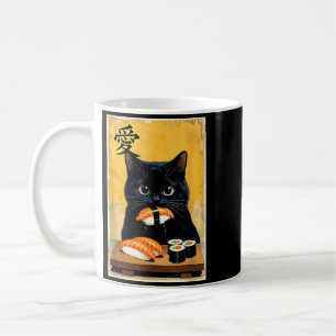 Süße Kawaii-Schwarze Katze isst Sushi Lustige Japa Kaffeetasse