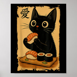 Süße Kawaii schwarze Katze isst Sushi lustige japa Poster