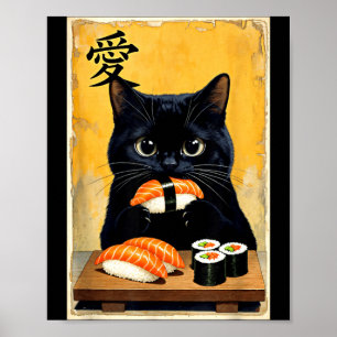 Süße Kawaii-Schwarze Katze isst Sushi Lustige Japa Poster
