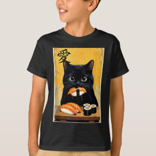 Süße Kawaii-Schwarze Katze isst Sushi Lustige Japa T-Shirt
