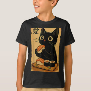 Süße Kawaii schwarze Katze isst Sushi lustige japa T-Shirt