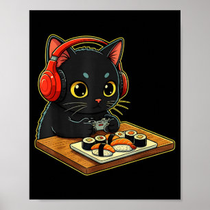 Süße Kawaii schwarze Katze lustige Sushi Retro jap Poster