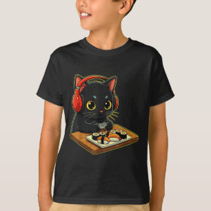 Süße Kawaii schwarze Katze lustige Sushi Retro jap T-Shirt