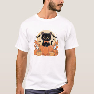 Süße Kawaii-Schwarze Katze sitzt auf Kürbis-Fliege T-Shirt