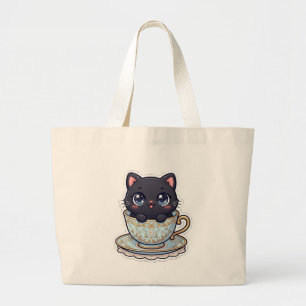 Süße Kawaii-Schwarze-Katze-Vintage-Teetasse-Cream- Jumbo Stoffbeutel