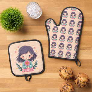 Süße Kawaii-"Sei nett"-Illustration Ofenhandschuh & Topflappen-Set