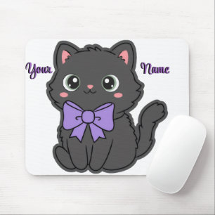 Süße Kawaii sitzende schwarze Katze lila Schleife  Mousepad