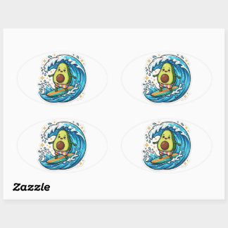 Süße Kawaii-Surf-Avocado-Ozeanwelle-Sommer-Sticker Ovaler Aufkleber
