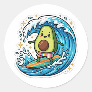 Süße Kawaii-Surf-Avocado-Ozeanwelle-Sommer-Sticker Runder Aufkleber