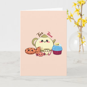 Süße Kawaii-Teezeit- und Süßigkeiten-Illustration Karte