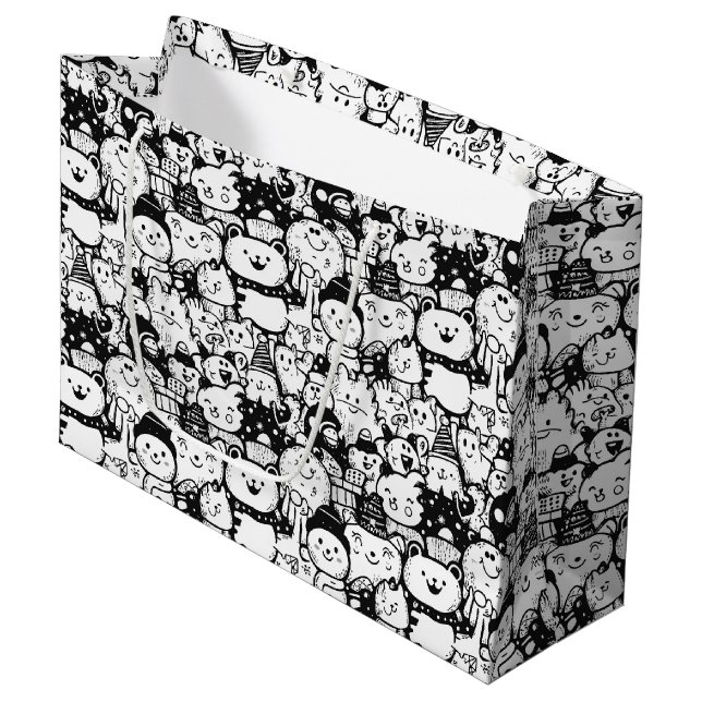 Süße Kawaii-Tier-Doodle-Muster (2) Große Geschenktüte (Vorderseite Schrägansicht)