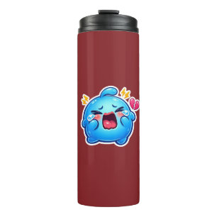Süße Kawaii Traurige Blaue Schleimfigur Weint mit Thermosbecher