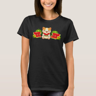 Süße Kawaii Wassermelone Katze Sommer Illustration T-Shirt