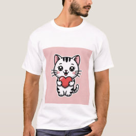 Süße Kawaii Weiße Tabby-Katze hält rotes Herz ✨❤️ T-Shirt