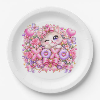 Süße Kawaii XOXO Katze Pastell Rosa Romantische Li Pappteller